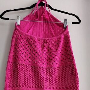 Old Navy Vibrant Pink crochet halter dress. Sits above the knee.